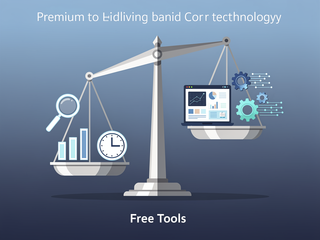 Balanced scale illustration with free tools on one side and paid tools on the other, showing various factors like time, features, data access, and automation being weighed, rendered in a modern minimalist style with blue gradient background