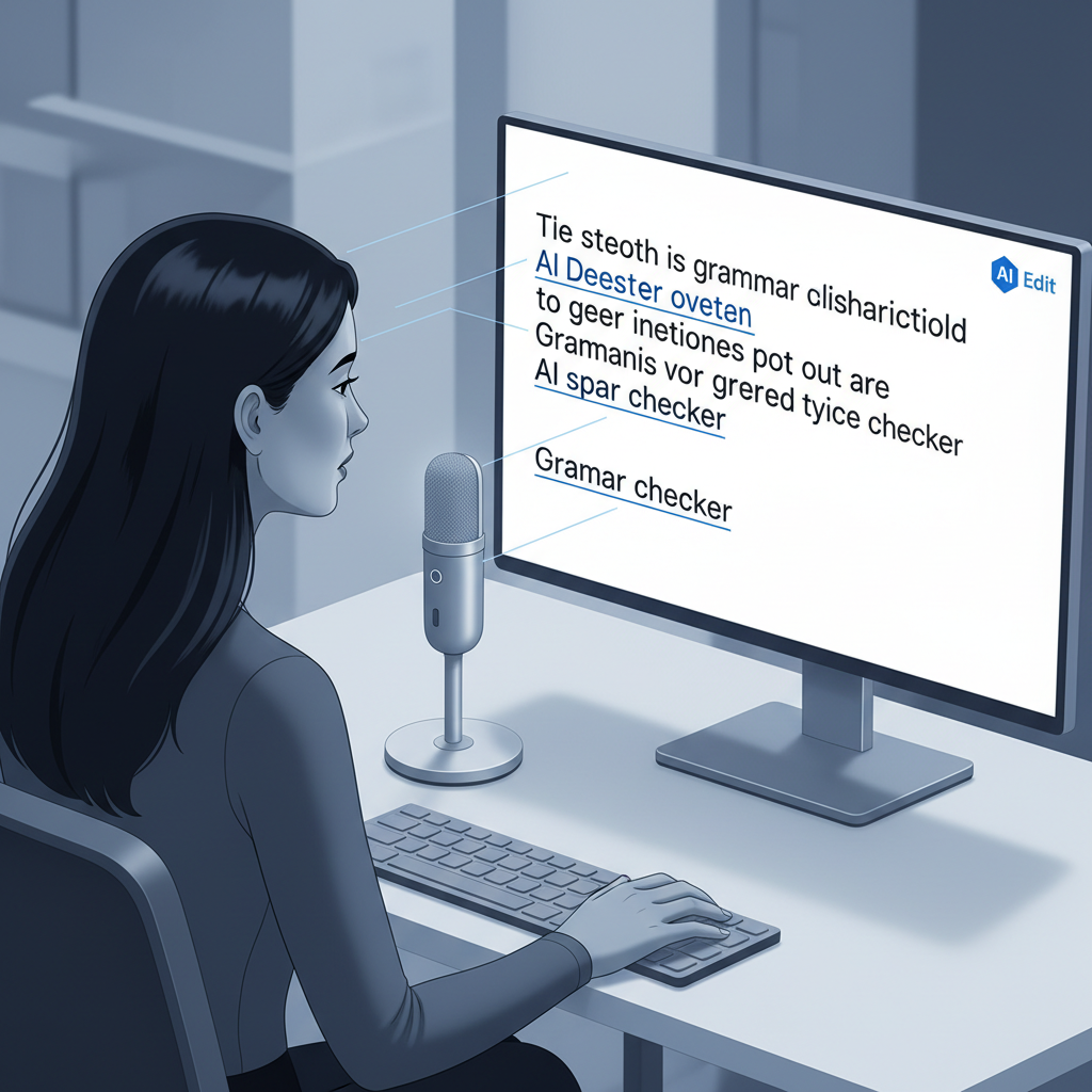 A person speaking into a microphone while text appears instantly on a computer screen, demonstrating AutoCorrect PC's seamless voice typing feature.