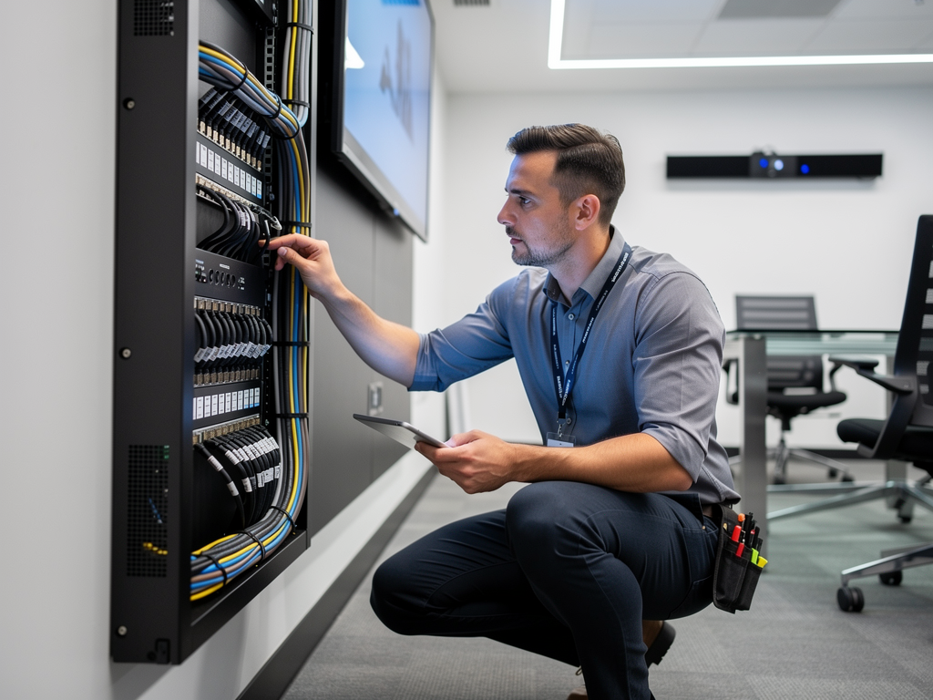 An AV technician conducting an infrastructure audit in a corporate meeting room, examining cable connections behind a large display panel while holding a tablet for documentation, professional lighting highlighting the organized cable management system