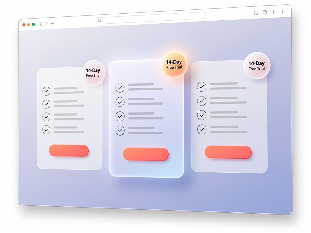Pricing page design showing three subscription tiers with a prominent 14-day free trial badge, feature comparison table, and call-to-action buttons, rendered in a modern SaaS website style with gradient backgrounds and clean typography
