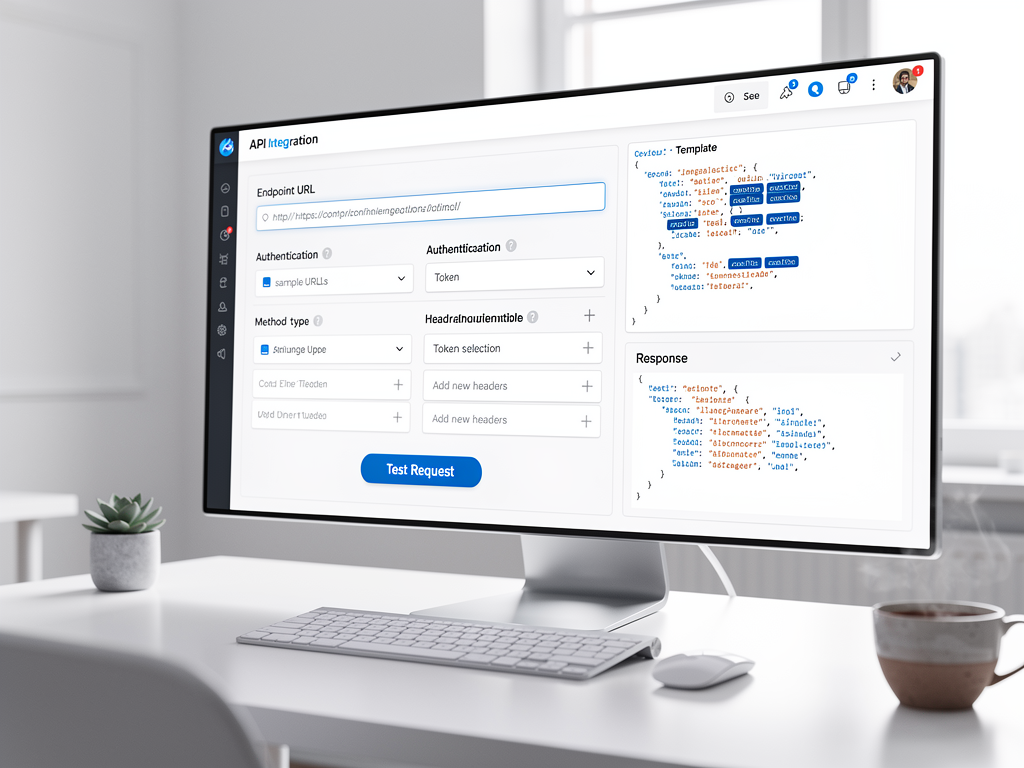 Interface mockup showing an API integration configuration panel with fields for endpoint URL, authentication type dropdown, header configuration, request body template with variable placeholders, and a test button with response preview area