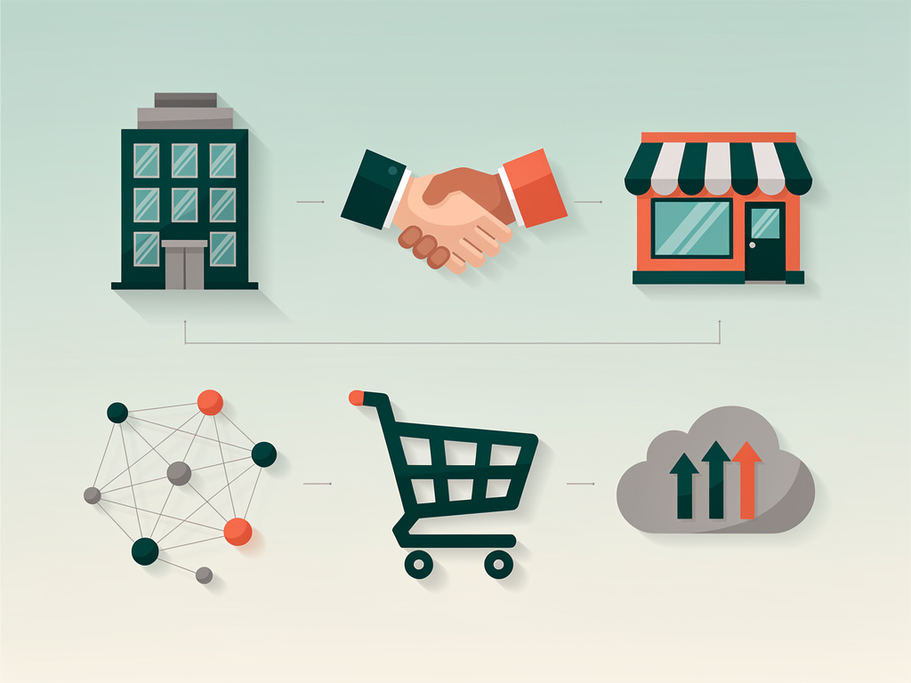 Grid of six business type icons including agency building, B2B handshake, small storefront, affiliate network diagram, e-commerce shopping cart, and SaaS cloud symbol, each with associated automation priority keywords beneath