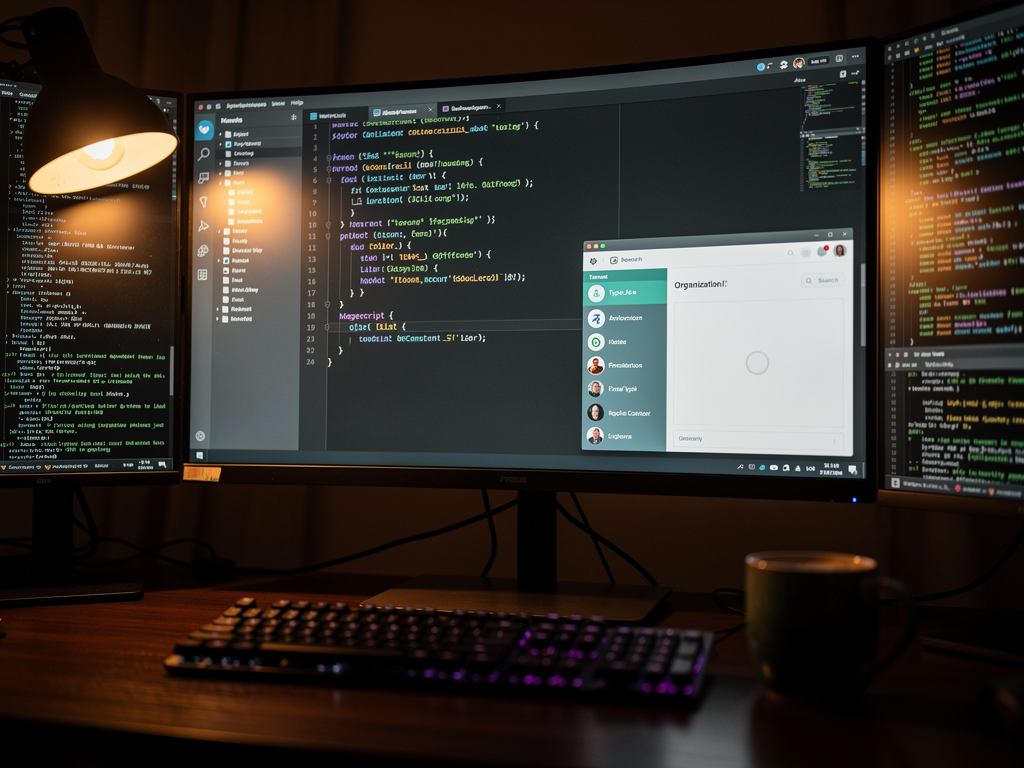 Developer workspace showing code editor with Next.js project structure, multiple terminal windows running development servers, and browser preview of a SaaS dashboard with tenant management interface, warm lighting creating productive atmosphere