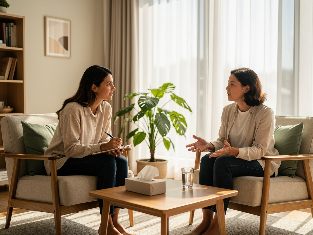 A professional therapist and client engaged in conversation in a modern counselling office, both seated in comfortable chairs at an angle to each other, natural daylight filling the room, conveying trust and collaborative therapeutic relationship