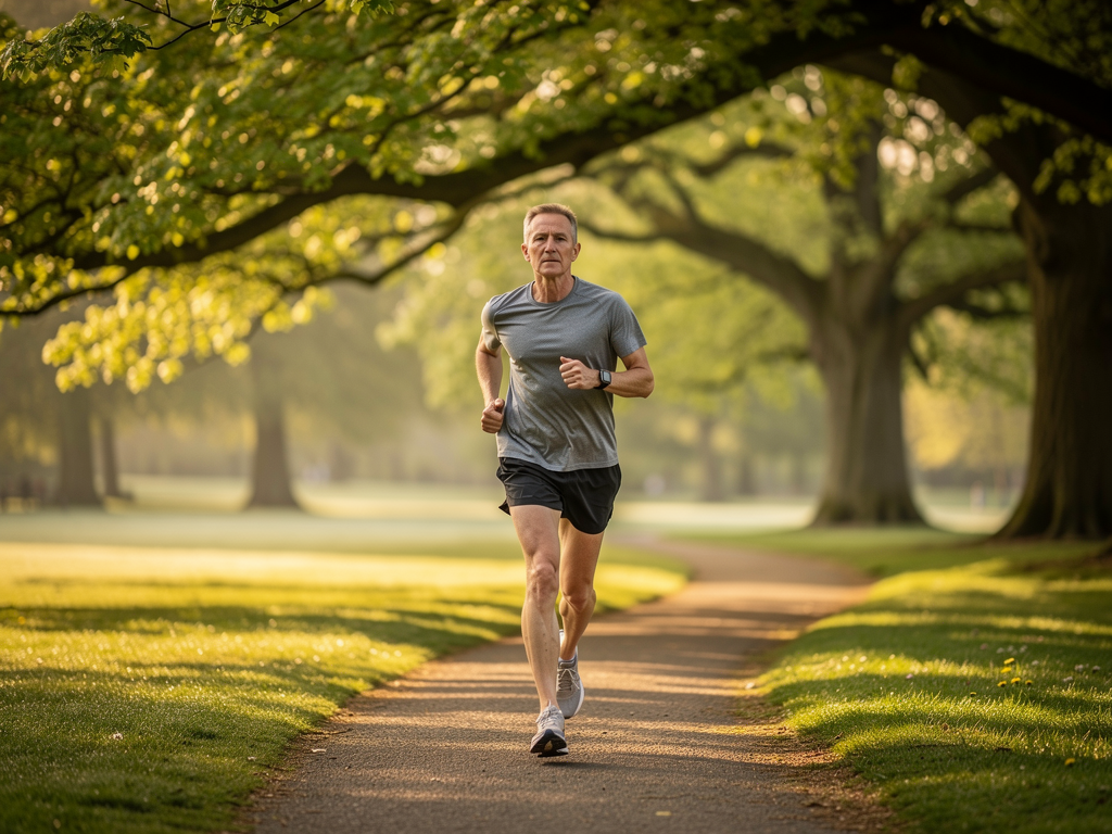 A person jogging through a peaceful British park in early morning light, surrounded by mature trees and green grass, embodying the connection between physical activity and emotional wellbeing, with a calm and determined expression