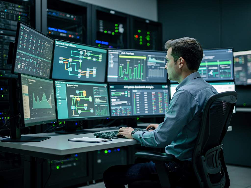 A modern corporate network operations center with multiple monitors displaying network topology diagrams and traffic analysis dashboards, illuminated by the soft glow of screens in a dimly lit professional environment with an IT technician examining data flows
