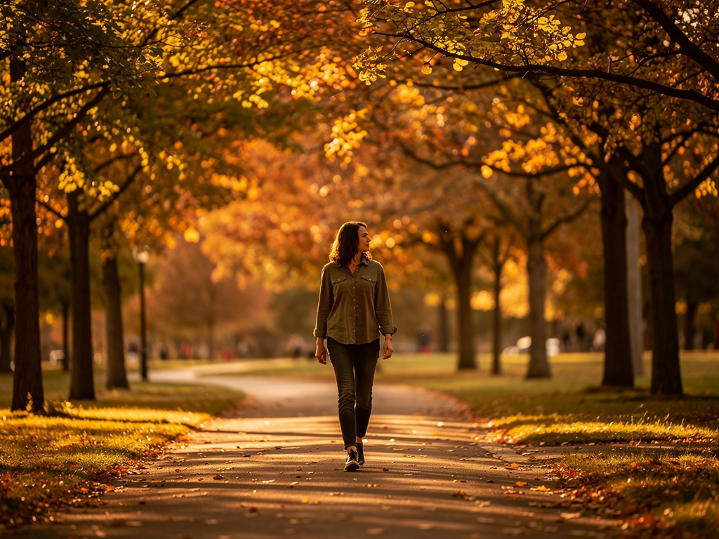 A person walking through a peaceful park in autumn, dappled sunlight filtering through golden leaves, demonstrating behavioural activation and gentle movement as part of anxiety management