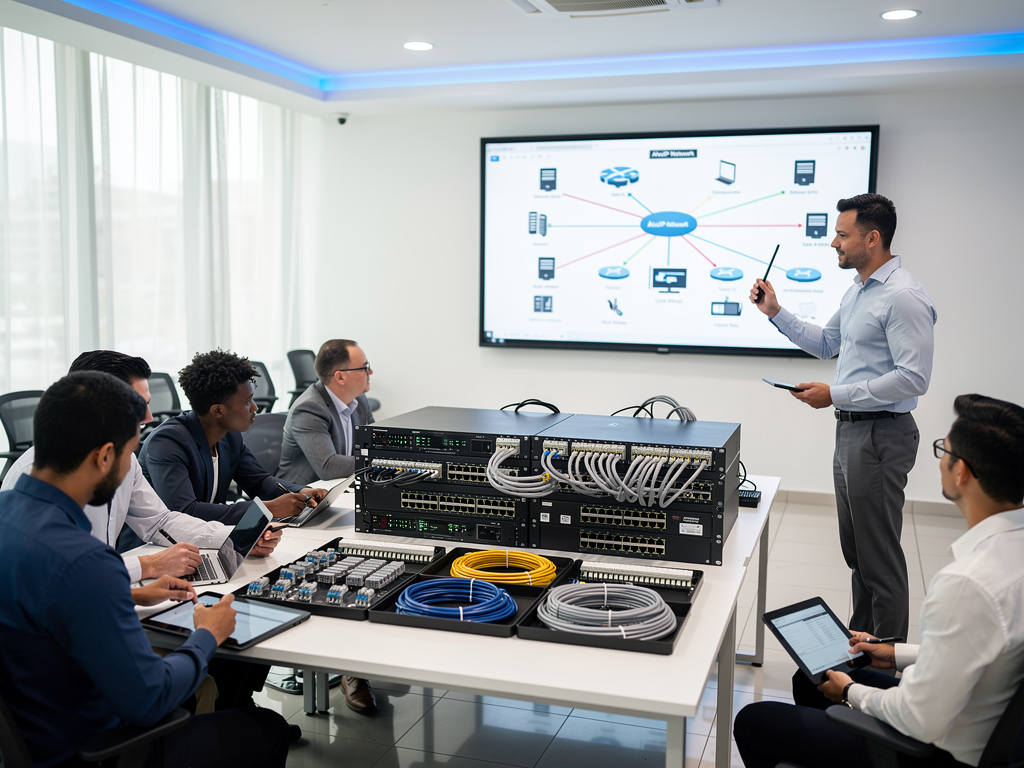 A training session in a corporate learning center with IT professionals gathered around demonstration equipment, instructor explaining AVoIP concepts using a large interactive display, engaged participants taking notes, collaborative educational environment