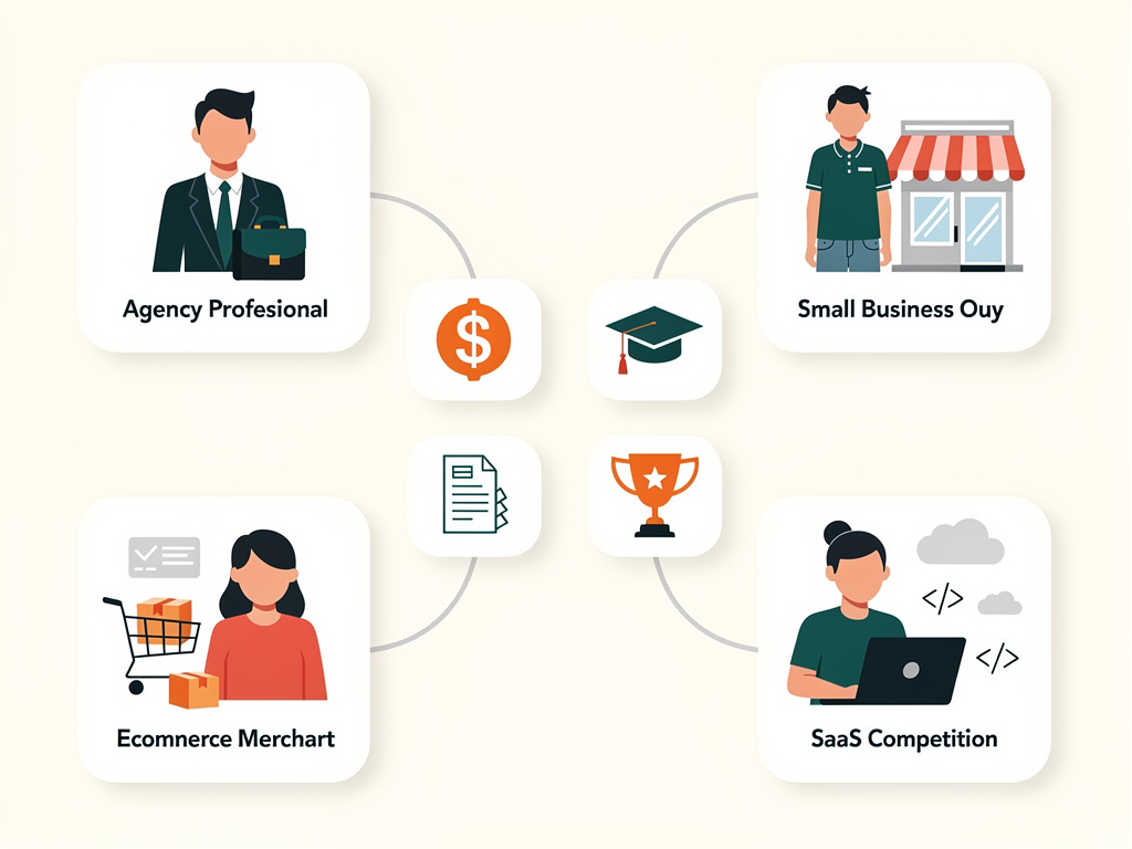 Decision matrix illustration showing different user personas (agency, small business, e-commerce, SaaS) mapped against key decision factors (budget, expertise, volume, competition) with recommended tool categories highlighted for each scenario, presented in a clean consulting-style framework diagram