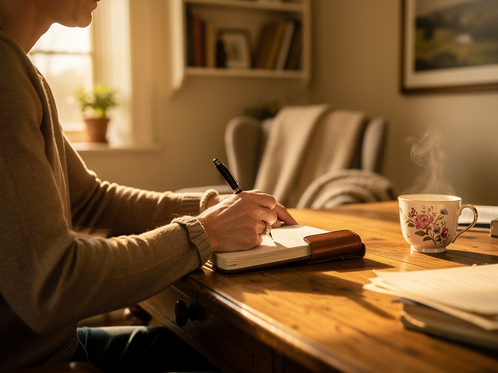 A person sitting at a desk writing in a thought journal with a cup of tea beside them, morning light streaming through a window, capturing a moment of reflective self-awareness and cognitive processing in a cosy British home setting