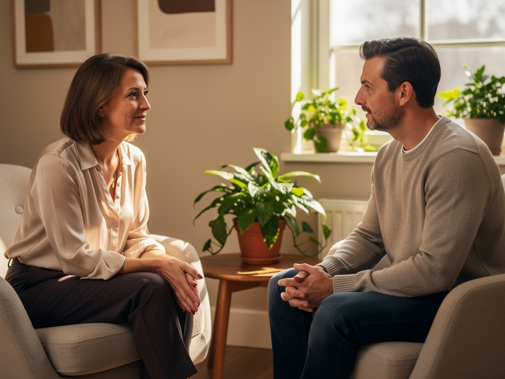 A therapy session in progress showing a therapist and client in conversation, comfortable chairs arranged in a warm, professional setting with soft lighting, plants visible in the background, conveying a sense of trust and collaboration