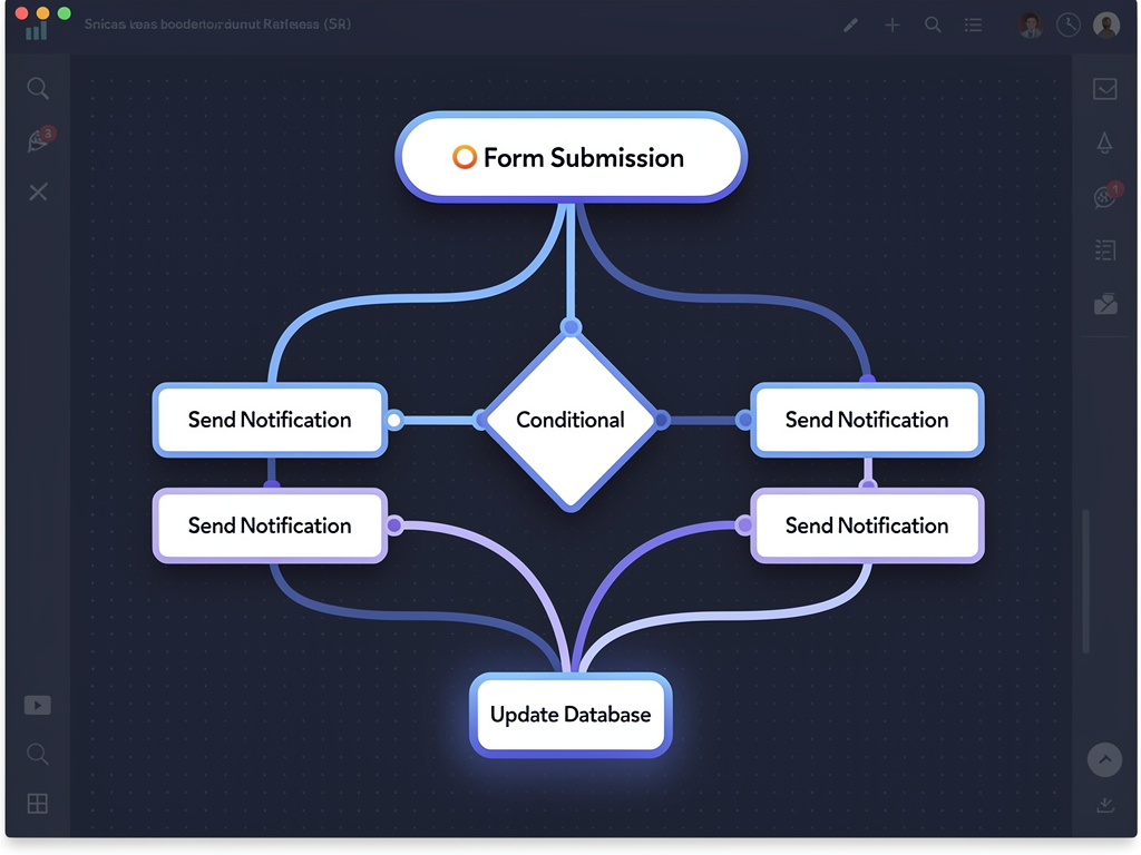 Visual workflow editor interface showing a flowchart-style automation with connected nodes including a form submission trigger, a conditional branch checking if email contains company domain, parallel paths leading to different Slack notification actions, and a final database update node, all connected by curved lines on a grid background