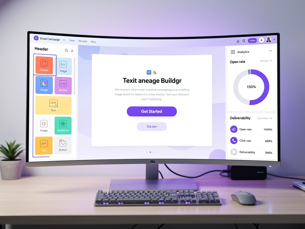 Email campaign builder interface showing a drag-and-drop editor with email template blocks, preview panel displaying a professional marketing email, and campaign analytics sidebar showing open rates and click metrics, modern SaaS design with purple accent colors
