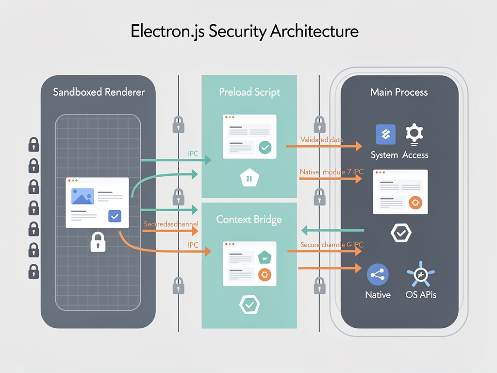Security architecture diagram for Electron applications showing sandboxed renderer process, context bridge, preload script, and main process with clear security boundaries, lock icons indicating protected areas, arrows showing safe IPC communication paths, professional infographic style