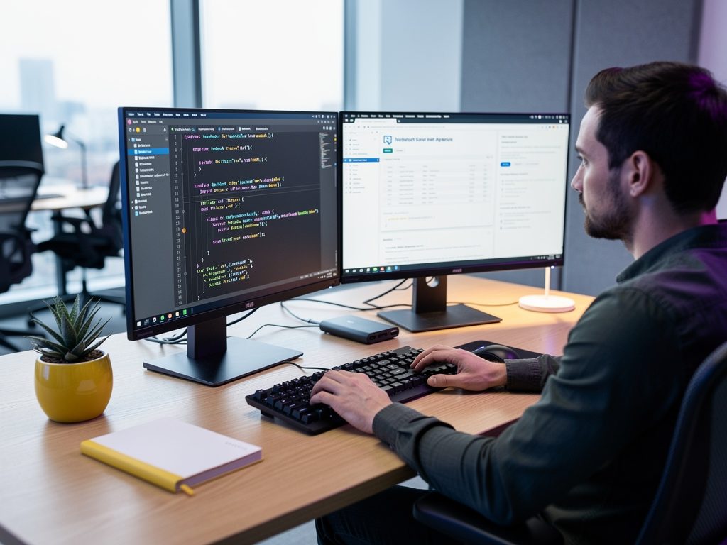 Developer working at a dual-monitor setup implementing Stripe integration, with code editor showing webhook handling logic on one screen and Stripe documentation on the other, in a modern tech office environment with natural lighting