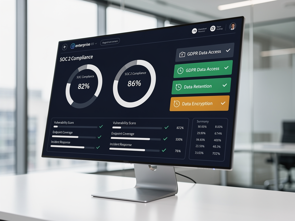 Security compliance checklist interface showing SOC 2 requirements with completion status indicators, GDPR data handling controls, and security scan results summary, presented in professional enterprise dashboard style