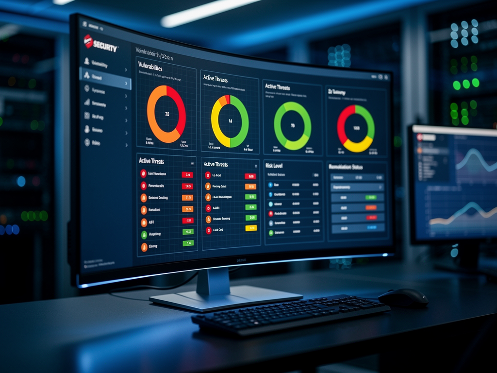 Security audit dashboard showing vulnerability scan results for a SaaS application, with categorized findings, severity ratings, and remediation recommendations displayed in a professional security operations interface