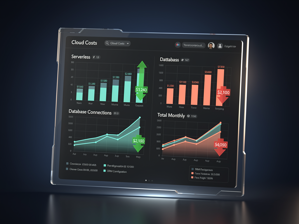 Financial dashboard showing cloud infrastructure cost breakdown with graphs comparing serverless function costs, database connection costs, and total monthly expenses for applications using different ORMs, featuring green and red trend indicators and dollar amounts in a modern analytics interface
