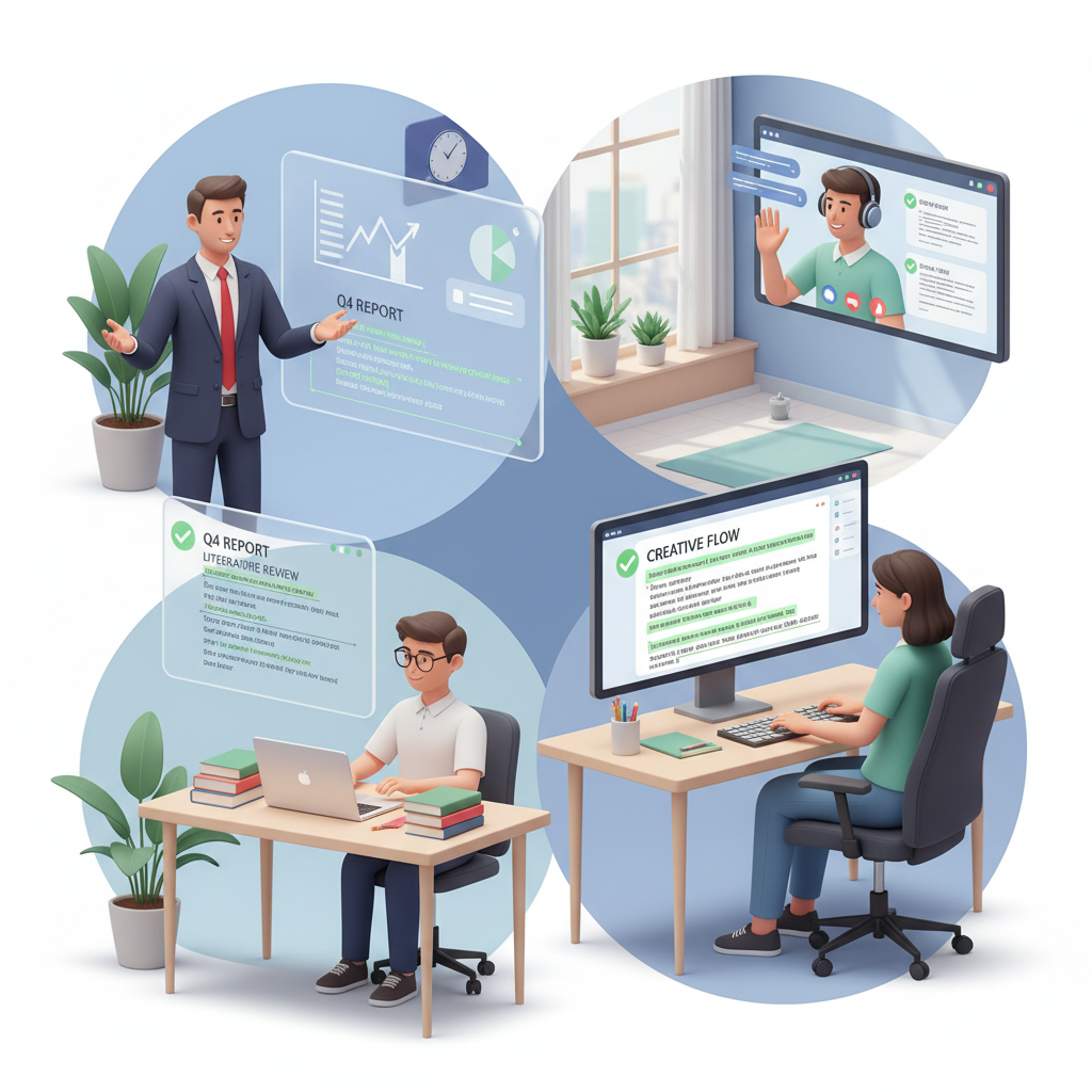 A collage of diverse professionals: a business person presenting, a student studying, a content creator typing, and a remote worker video conferencing, all benefiting from polished writing.