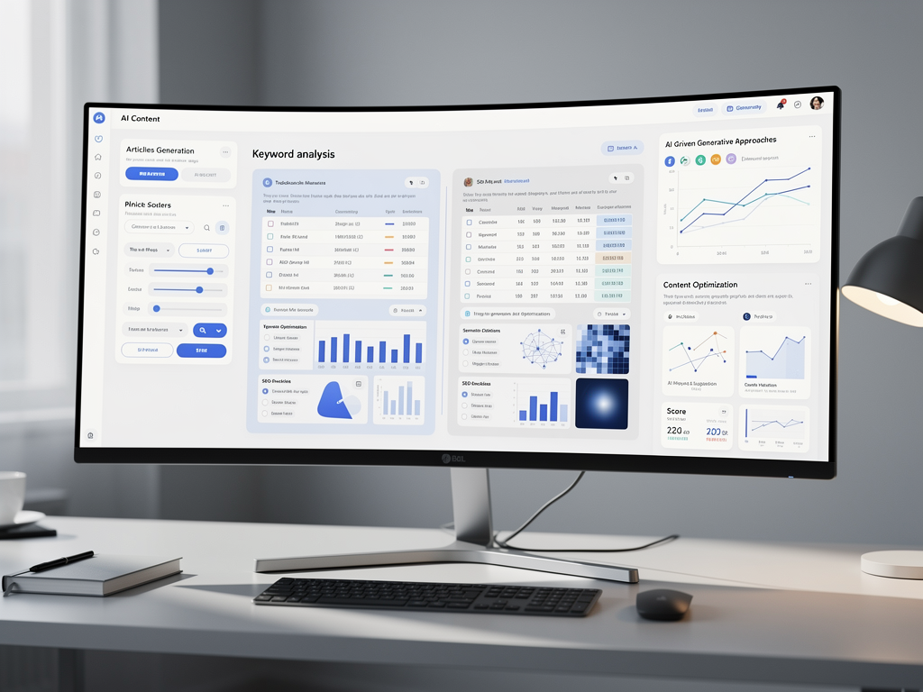 Modern AI content platform interface showing article generation settings, keyword research tools, and publishing options, with a clean dashboard design featuring content analytics and optimization recommendations in a professional software environment