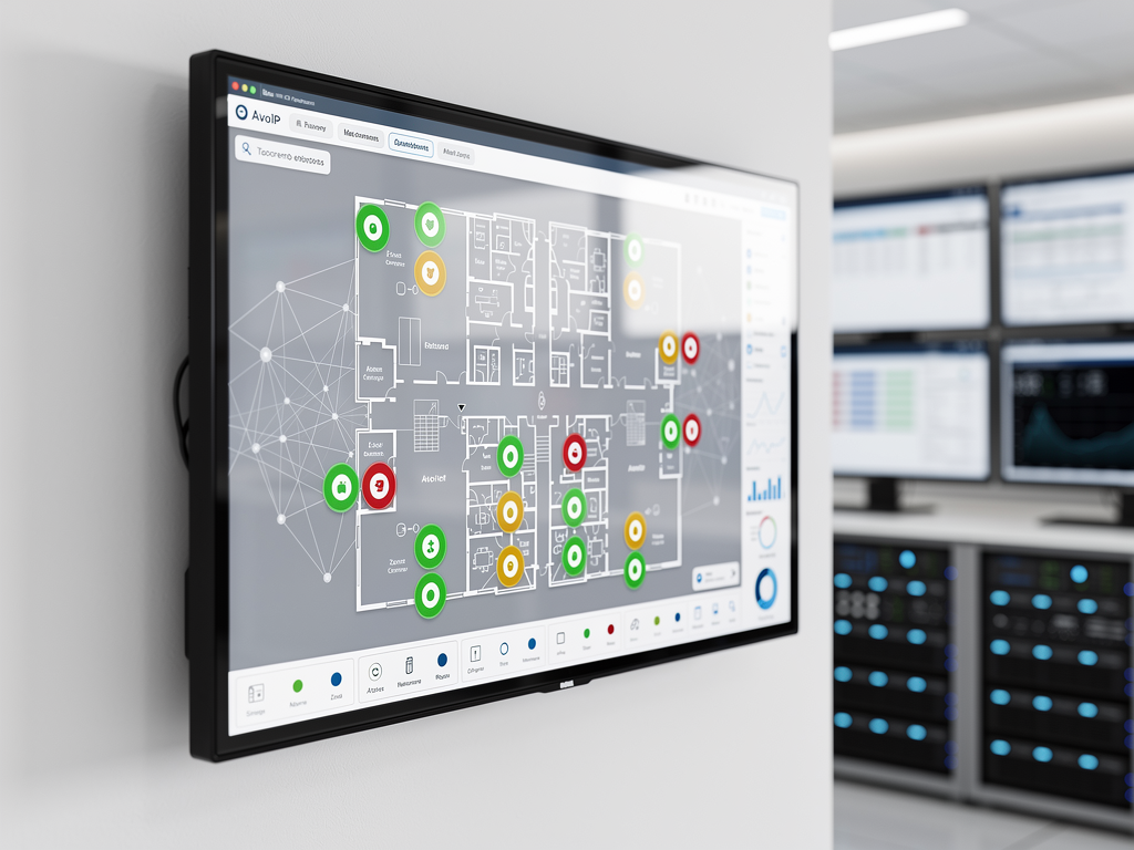 A sleek touchscreen control interface displaying a campus building map with color-coded AVoIP endpoint status indicators, showing real-time system monitoring in a bright, modern control room environment