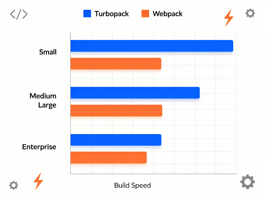 Performance comparison chart showing Turbopack build times versus Webpack build times across different project sizes, with Turbopack showing 3-5x faster performance on medium projects and up to 10x faster on large enterprise codebases, displayed as a clean bar graph with blue and orange colors