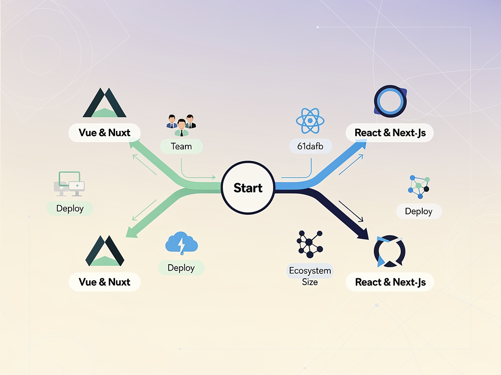 Decision tree flowchart helping developers choose between Nuxt and Next.js based on team expertise, project requirements, and business priorities, with branching paths leading to framework recommendations