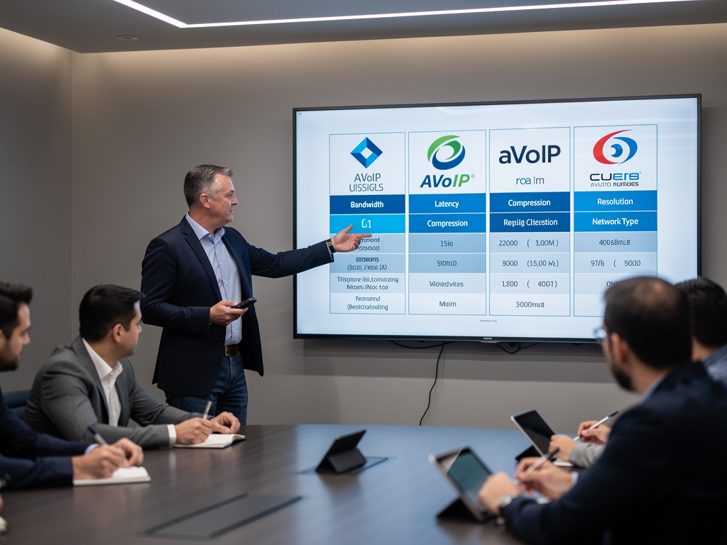 Comparison diagram showing different AVoIP protocol logos and their key specifications displayed on a presentation screen in a training room setting, instructor pointing to the display, attendees taking notes