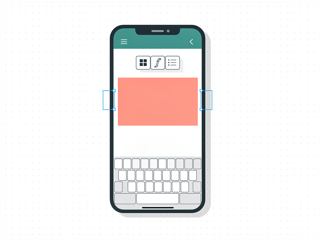 Mobile device mockup showing a responsive rich text editor interface with floating toolbar, touch selection handles, and virtual keyboard visible, demonstrating proper mobile UX patterns in clean infographic style