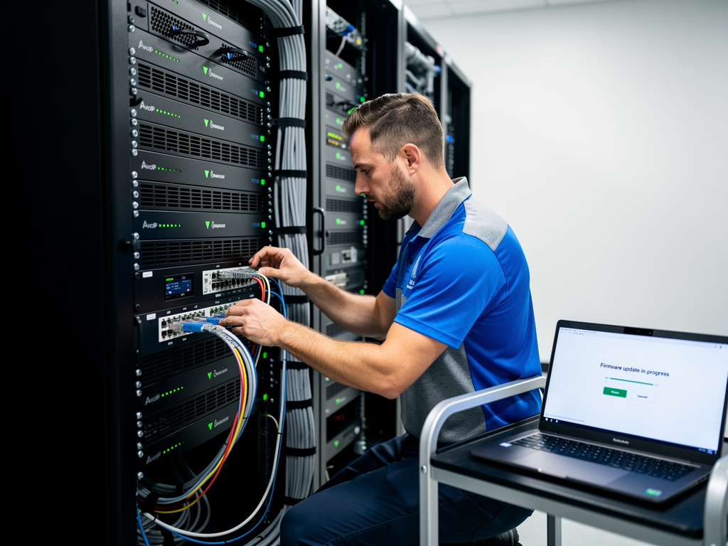Technician performing maintenance on AVoIP equipment in a clean equipment room, checking connections and updating firmware on decoder unit, with organized cable management and proper ventilation visible in the professional installation