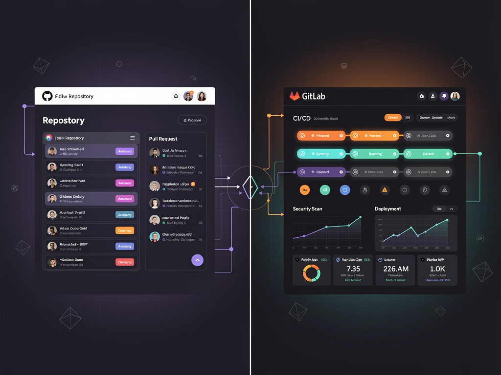 Split-screen comparison showing GitHub's clean interface on the left with repository overview and activity feed, and GitLab's comprehensive dashboard on the right displaying integrated DevOps metrics, pipeline status, and security scanning results, both rendered in modern UI design with dark mode enabled