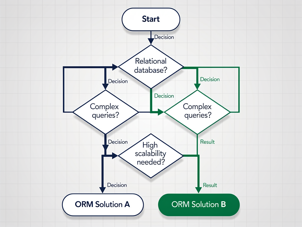 Decision flowchart diagram showing a series of yes/no questions leading to either Prisma or Drizzle recommendations, with questions about SQL comfort, edge deployment needs, bundle size requirements, and team background, rendered in a clean flowchart style with blue and green paths