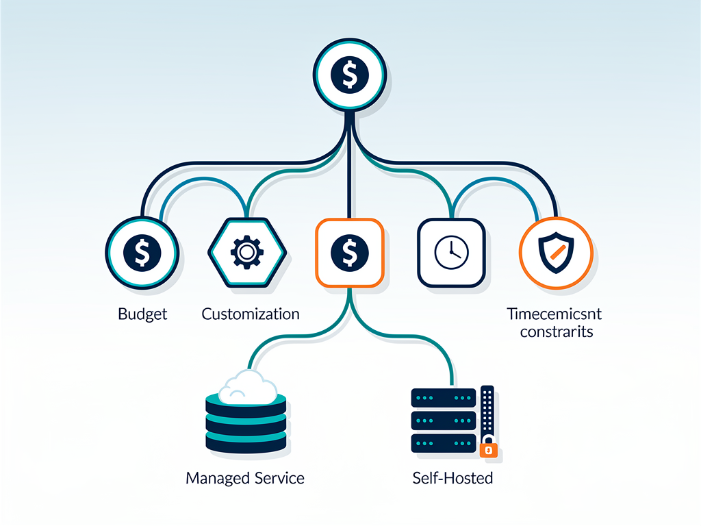 Decision flowchart for choosing between Better Auth and Clerk, with branching paths based on questions about budget constraints, customization needs, time to market requirements, and compliance needs, displayed as a clean infographic with icons representing each decision point