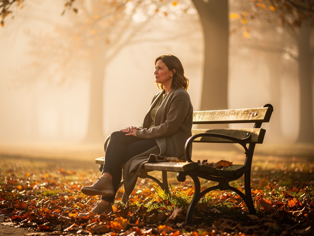 A woman sitting alone on a park bench in soft morning light, appearing contemplative and peaceful, surrounded by autumn leaves and gentle mist, representing the beginning of a self-reflection journey toward emotional independence