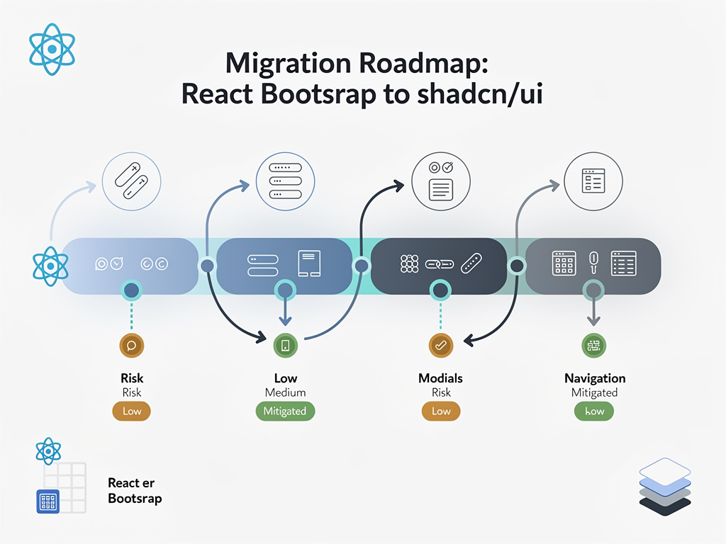 Migration roadmap diagram showing a phased approach to transitioning from React Bootstrap to Shadcn UI, with timeline markers, component categories, and risk indicators using project management visualization style with milestones and dependencies