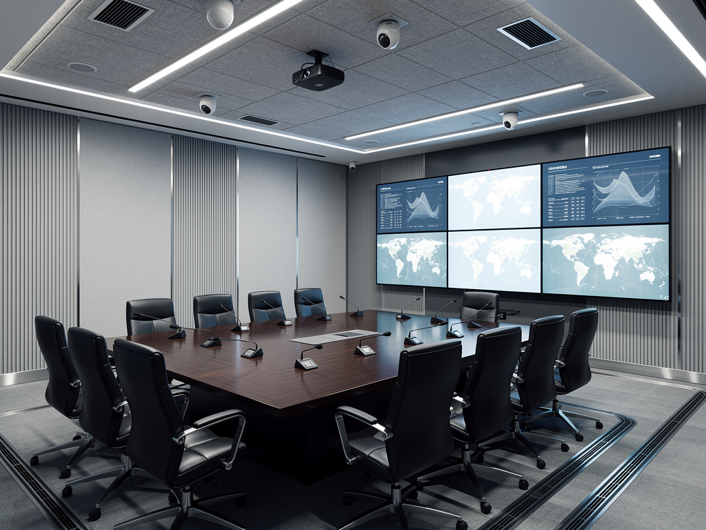 A secure government briefing room featuring multiple display screens and conferencing equipment, with subdued professional lighting highlighting the modern AV installation against neutral walls, conveying an atmosphere of confidentiality and technological sophistication