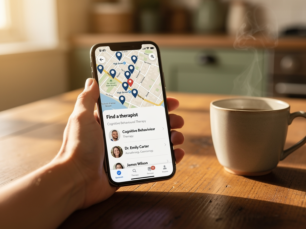 A smartphone displaying a therapy directory website with a map showing therapist locations across a British city, the user's hand visible scrolling through listings, coffee cup beside the phone on a wooden kitchen table, morning light suggesting someone researching options at the start of their day