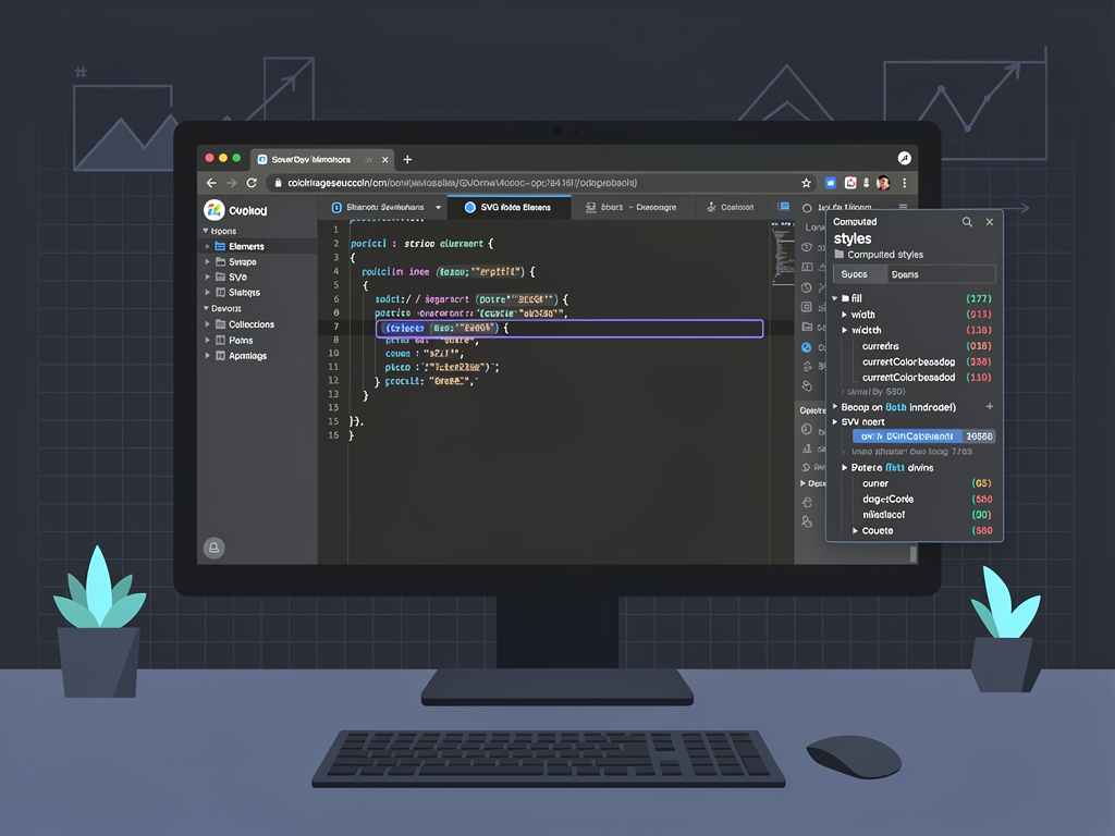 Developer debugging interface showing browser DevTools inspecting an SVG icon element with computed styles panel open, highlighting inherited CSS properties affecting icon rendering