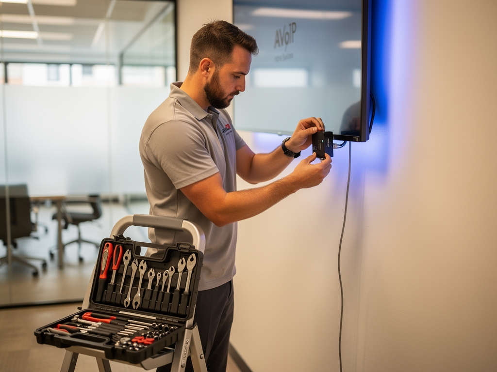 Professional AV integrator installing a compact AVoIP encoder behind a conference room display, wearing company polo shirt, using organized tool kit, modern corporate interior with glass walls visible in background