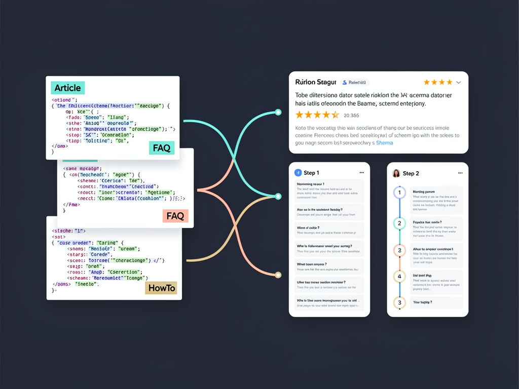 A technical diagram showing schema markup code alongside its corresponding rich search result display, demonstrating how structured data translates into enhanced visibility in search engine results pages. The visualization includes Article schema, FAQ schema, and HowTo schema examples with their respective search result formats.