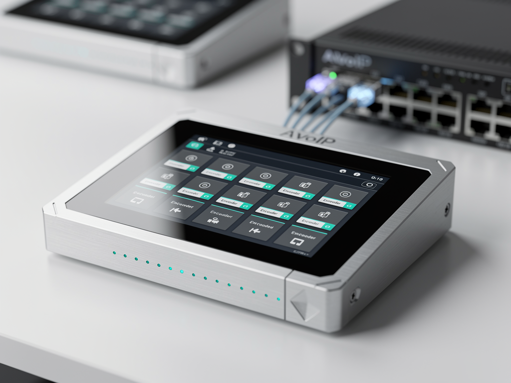 Modern AVoIP equipment with software-defined networking capabilities, touchscreen interface showing virtualized encoder instances, sleek professional hardware design with status displays, contemporary technical environment with clean aesthetic