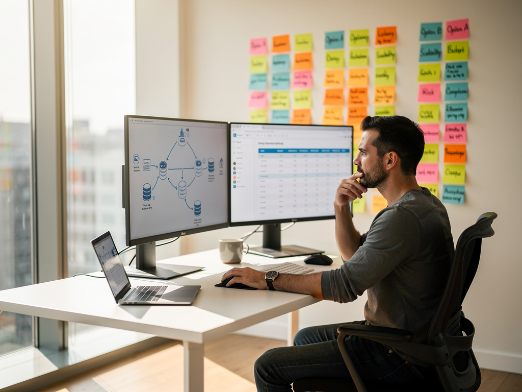 SaaS founder at a modern desk workspace reviewing architectural diagrams and cost spreadsheets on dual monitors, with sticky notes showing build versus buy decision factors, natural daylight streaming through large windows, focused and contemplative mood