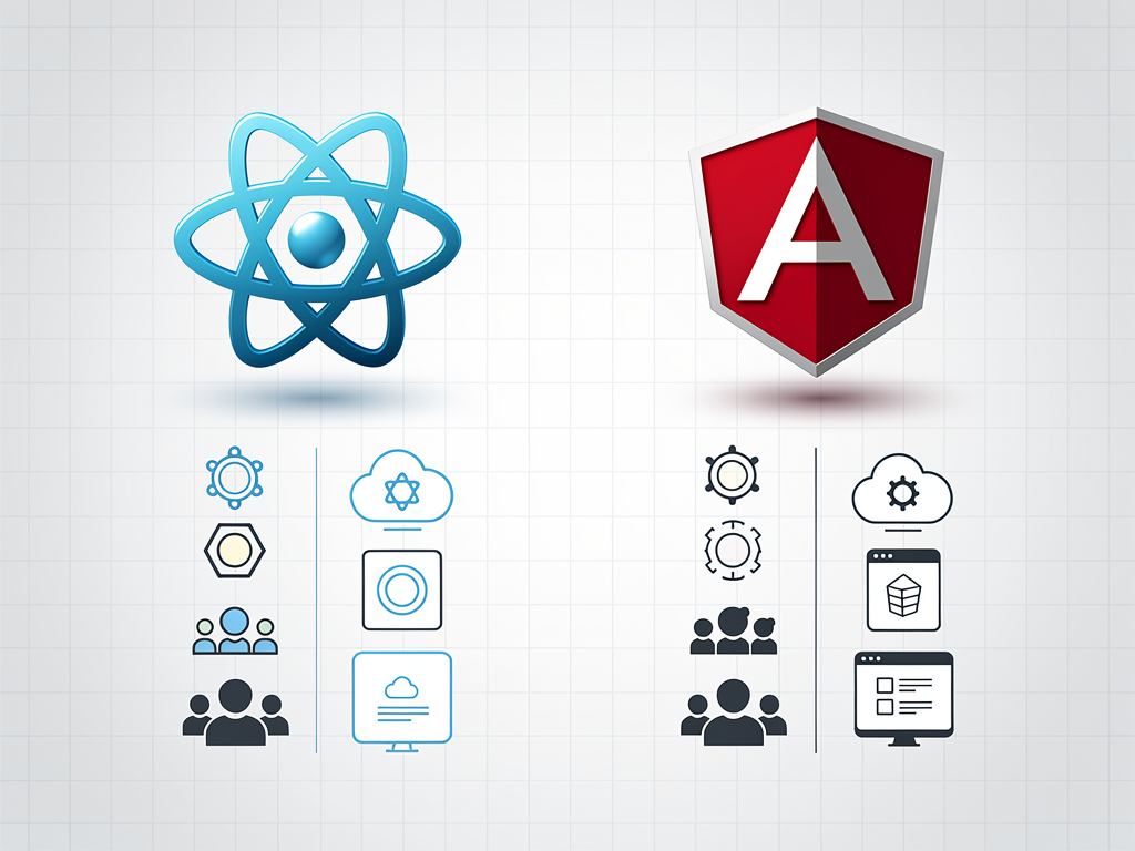 Summary comparison graphic showing React and Angular logos with key decision factors listed beneath each, including ideal use cases, team characteristics, and product types, with clean iconography and balanced visual presentation