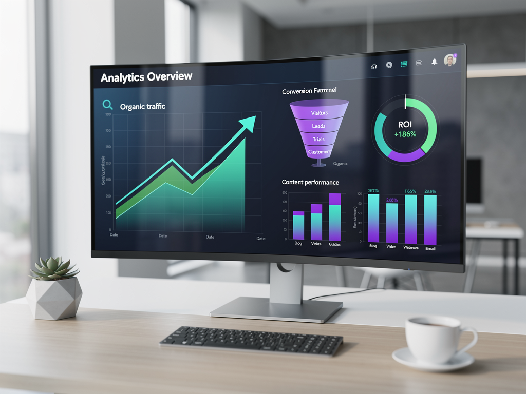 Analytics dashboard showing organic traffic growth over time, conversion funnel visualization, content performance comparison charts, and ROI calculations for AI-generated content versus manually created articles