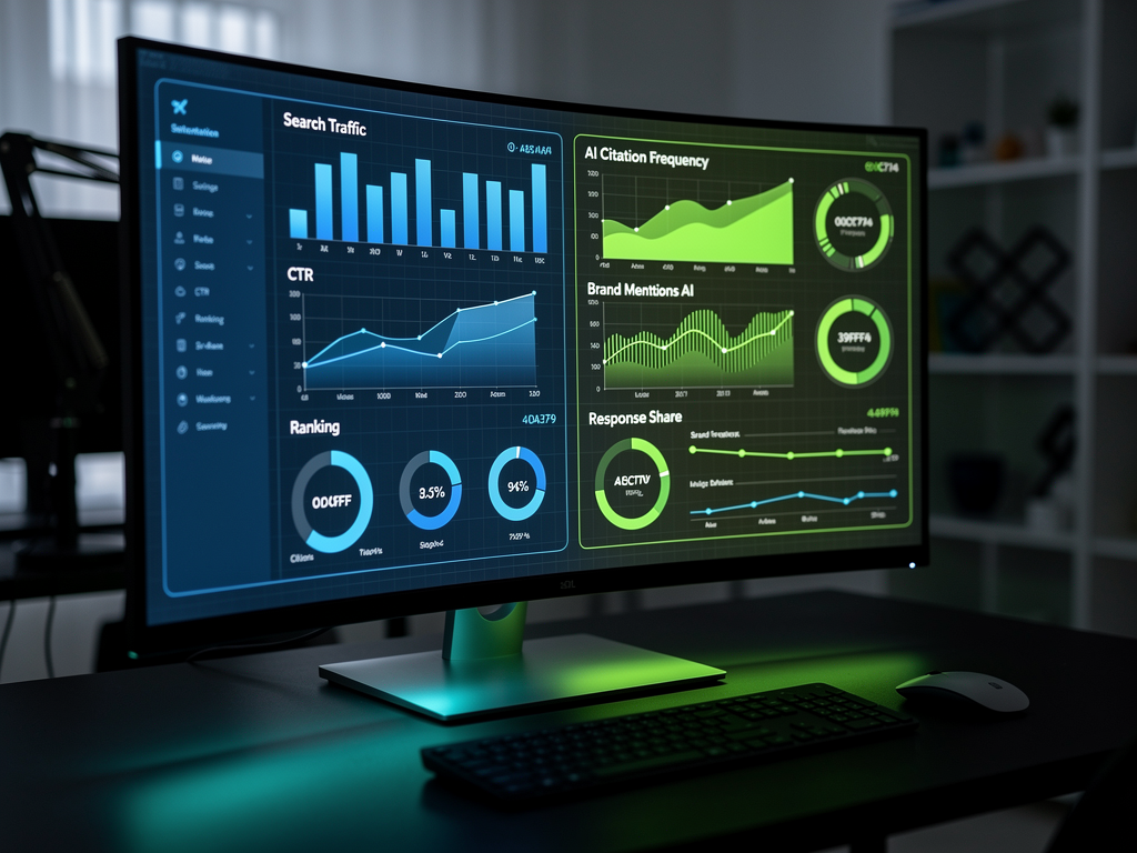 Marketing analytics dashboard displaying AI visibility metrics including citation frequency charts, brand mention tracking graphs, and platform-specific performance indicators, with data visualizations in blue and green color schemes on a dark interface