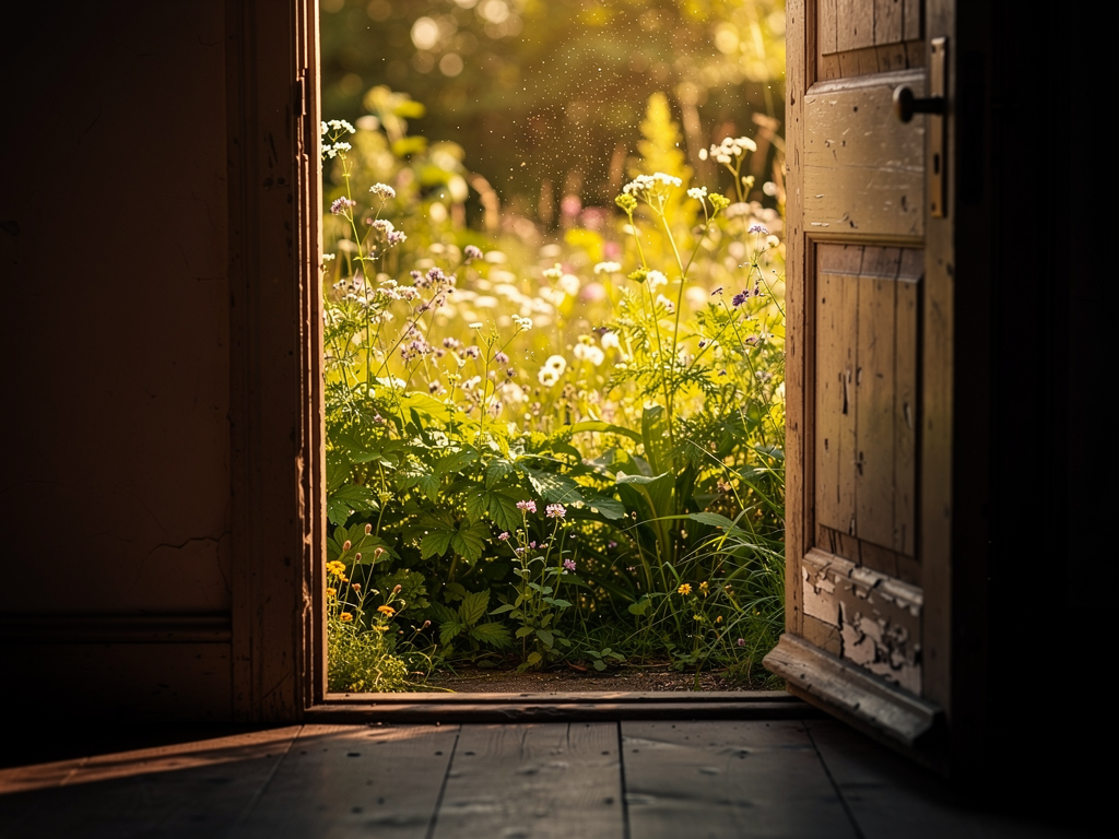 An open door leading from a dim hallway into a bright, sunlit garden, photographed from inside looking out, representing the transition from anxious rumination to openness and possibility