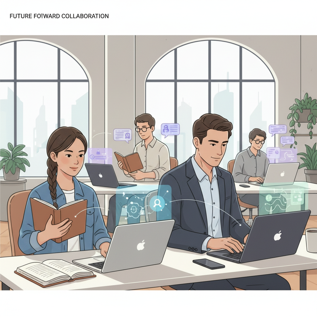 A diverse group of people, including a student, a business professional, and a writer, all using laptops and appearing productive, symbolizing the wide range of beneficiaries of AutoCorrect PC.