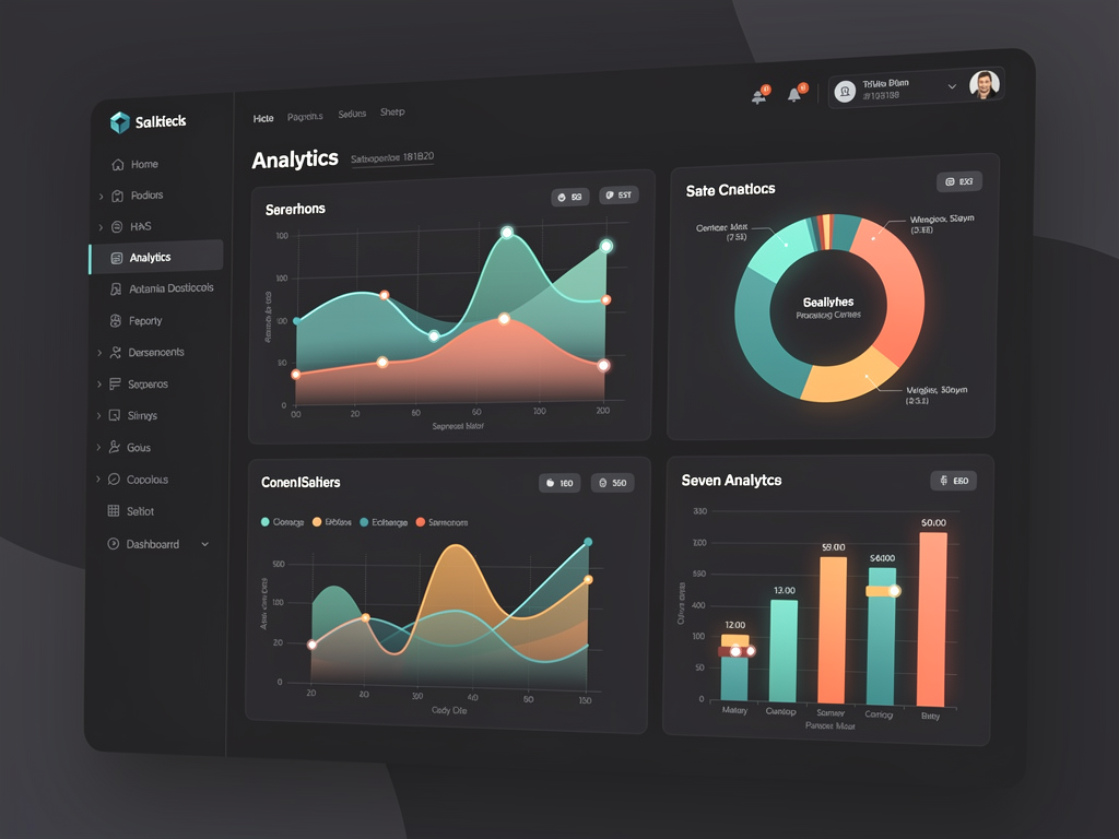 Dashboard interface mockup showing D3.js visualizations integrated within Shadcn UI card components, featuring consistent border radius, shadow styling, and typography between standard UI elements and custom charts, with a cohesive dark theme applied across all components demonstrating successful design system integration