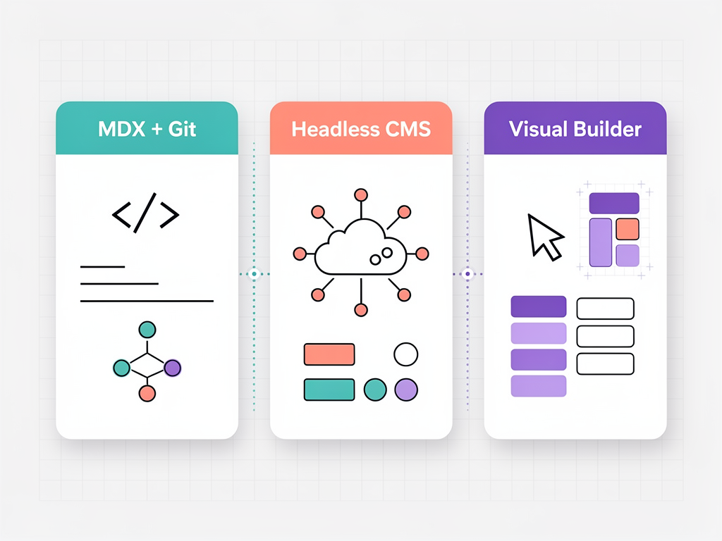 Comparison infographic showing three content management approaches for SaaS applications: MDX files with Git workflow, headless CMS with API integration, and visual page builder with drag-and-drop interface, each with pros and cons listed in a clean tabular format