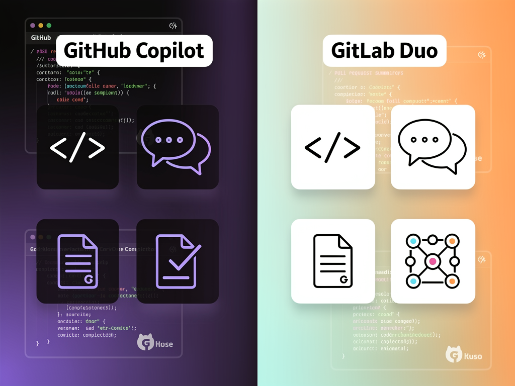 Infographic showing AI coding assistant features comparison between GitHub Copilot and GitLab Duo, with icons representing code completion, chat interfaces, PR summaries, and workflow integration, using a modern tech aesthetic with gradient backgrounds
